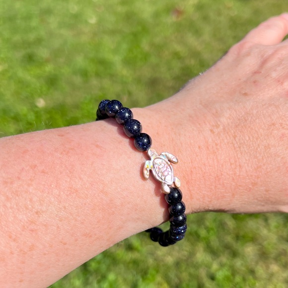 Abalone Turtle Blue Goldstone Bracelet Handmade by Wandering Bunny Shop LLC - Picture 4 of 10